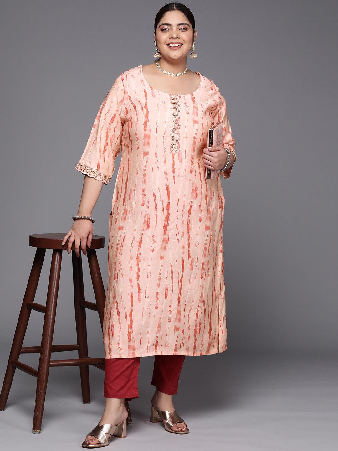 Plus Size Peach Printed Silk Straight Kurta - ShopLibas 