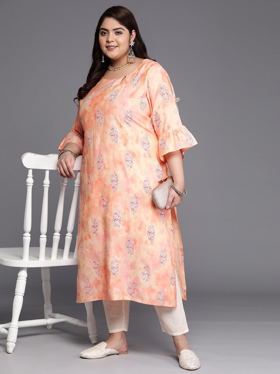 Plus Size Peach Printed Silk Straight Kurta - Libas 