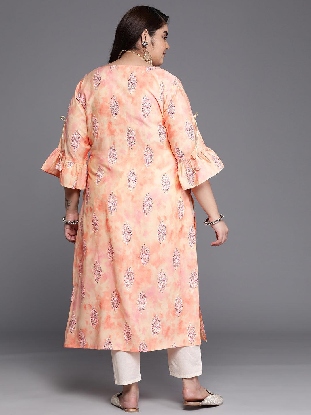 Plus Size Peach Printed Silk Straight Kurta - Libas 