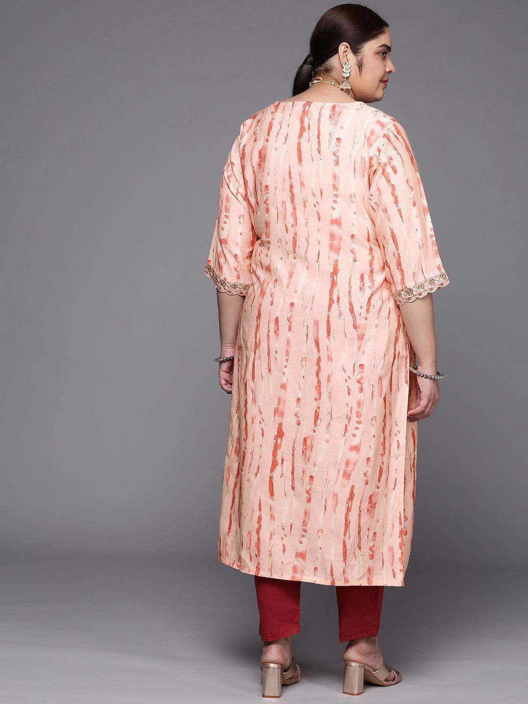 Plus Size Peach Printed Silk Straight Kurta - ShopLibas 
