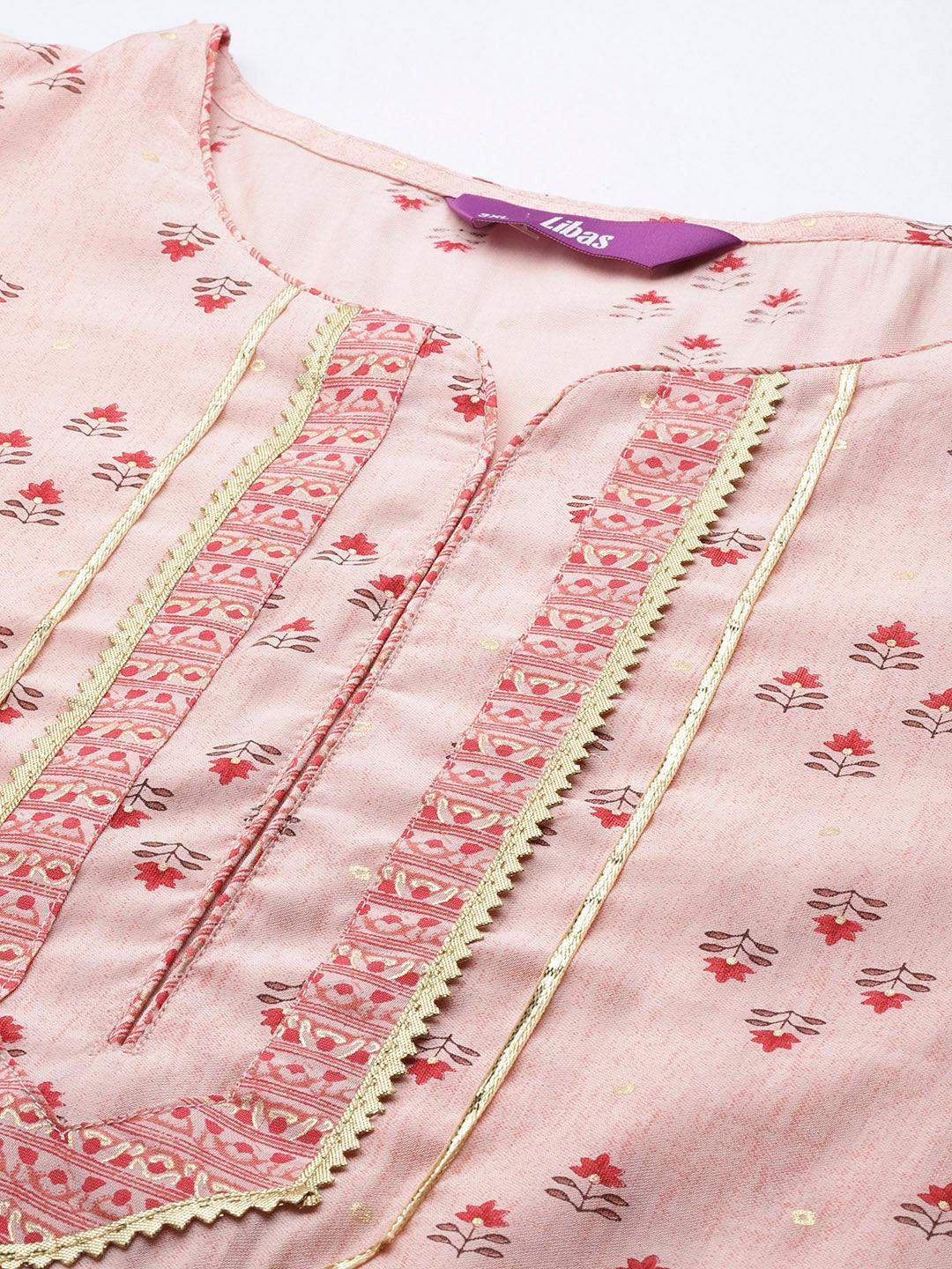 Plus Size Peach Printed Silk Straight Kurta - Libas 