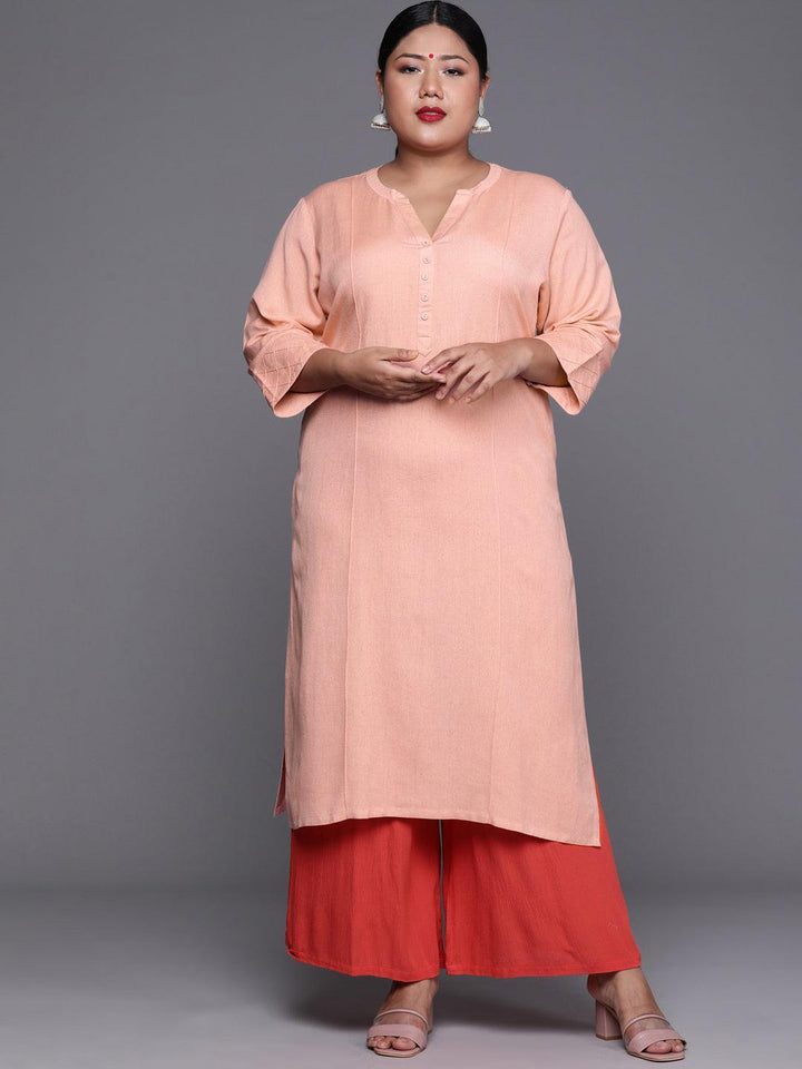 Plus Size Peach Solid Cotton Kurta - ShopLibas