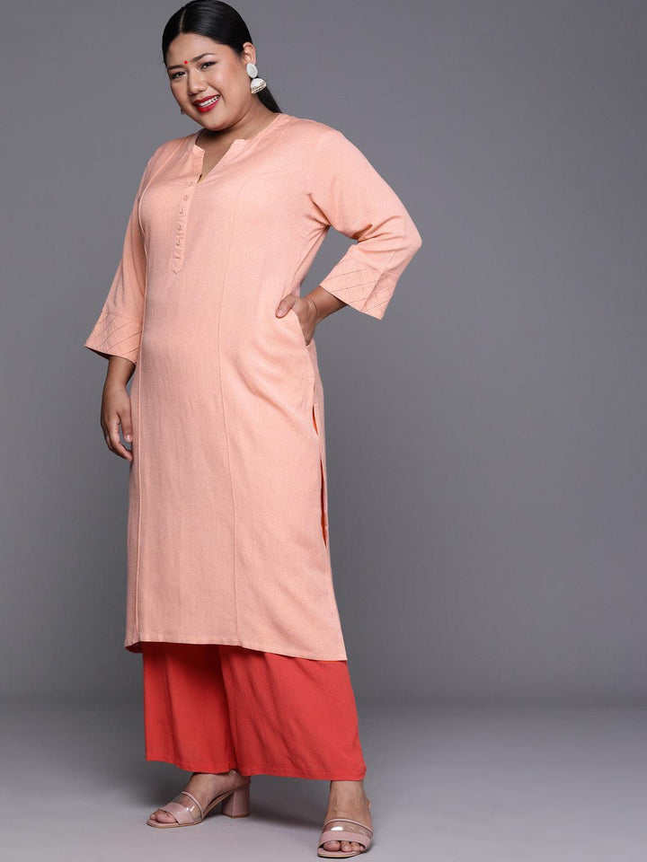 Plus Size Peach Solid Cotton Kurta - ShopLibas