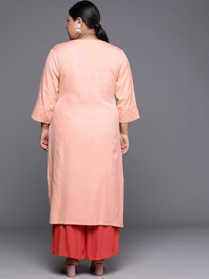 Plus Size Peach Solid Cotton Kurta - ShopLibas
