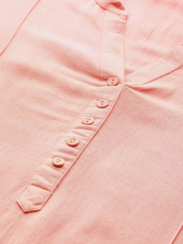 Plus Size Peach Solid Cotton Kurta - ShopLibas