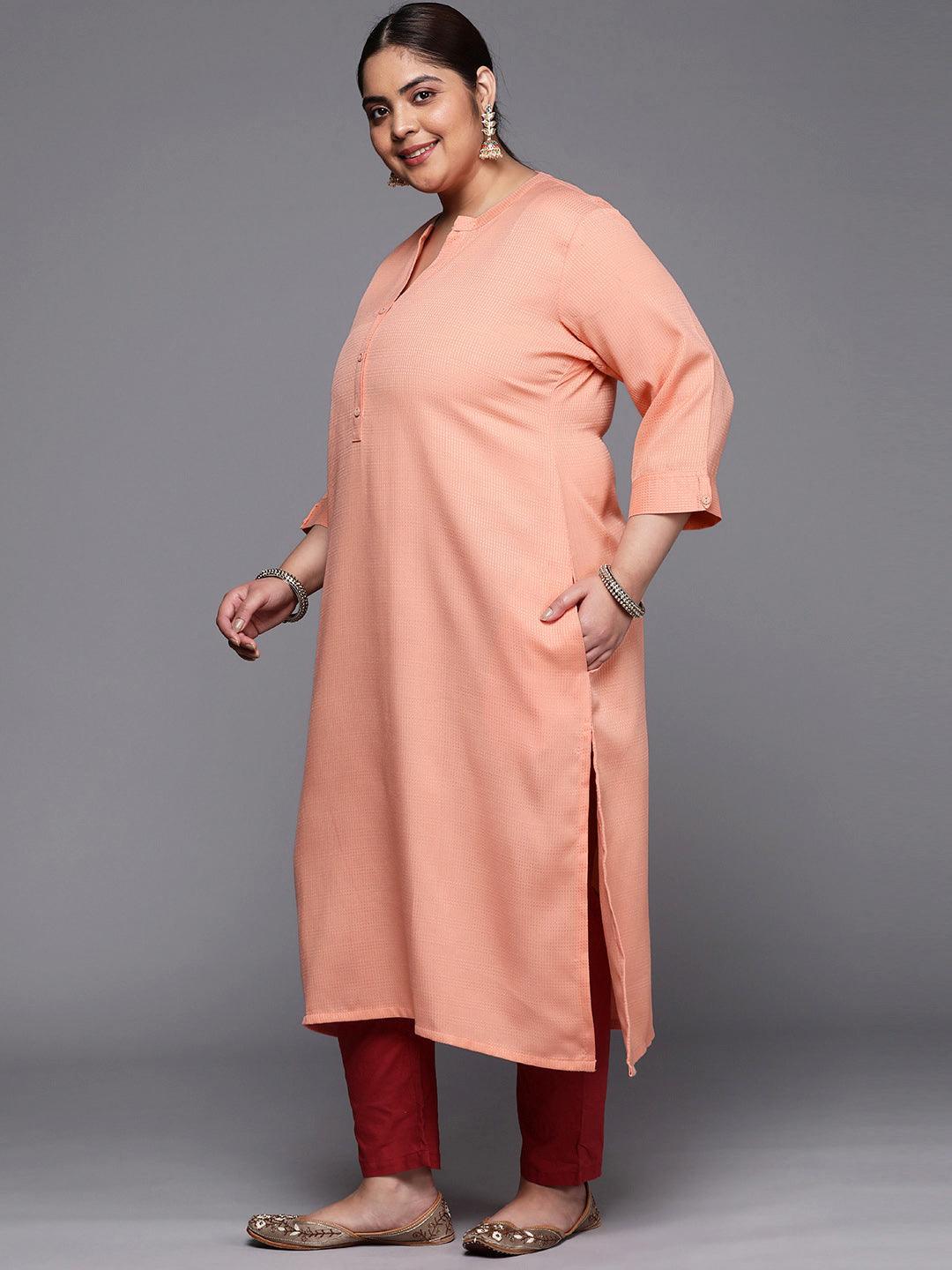 Plus Size Peach Woven Design Rayon Straight Kurta - ShopLibas 