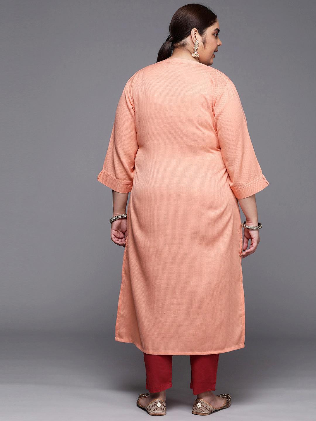 Plus Size Peach Woven Design Rayon Straight Kurta - ShopLibas 