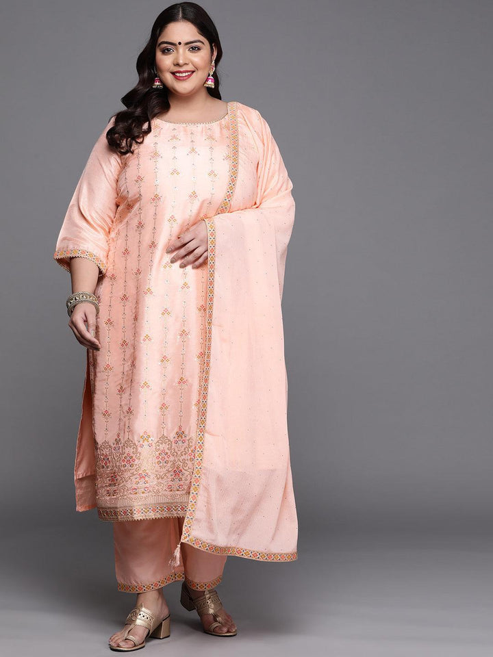 Plus Size Peach Woven Design Silk Blend Suit Set - ShopLibas