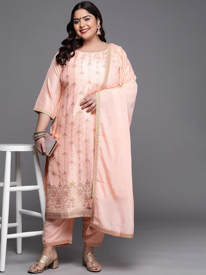 Plus Size Peach Woven Design Silk Blend Suit Set - ShopLibas