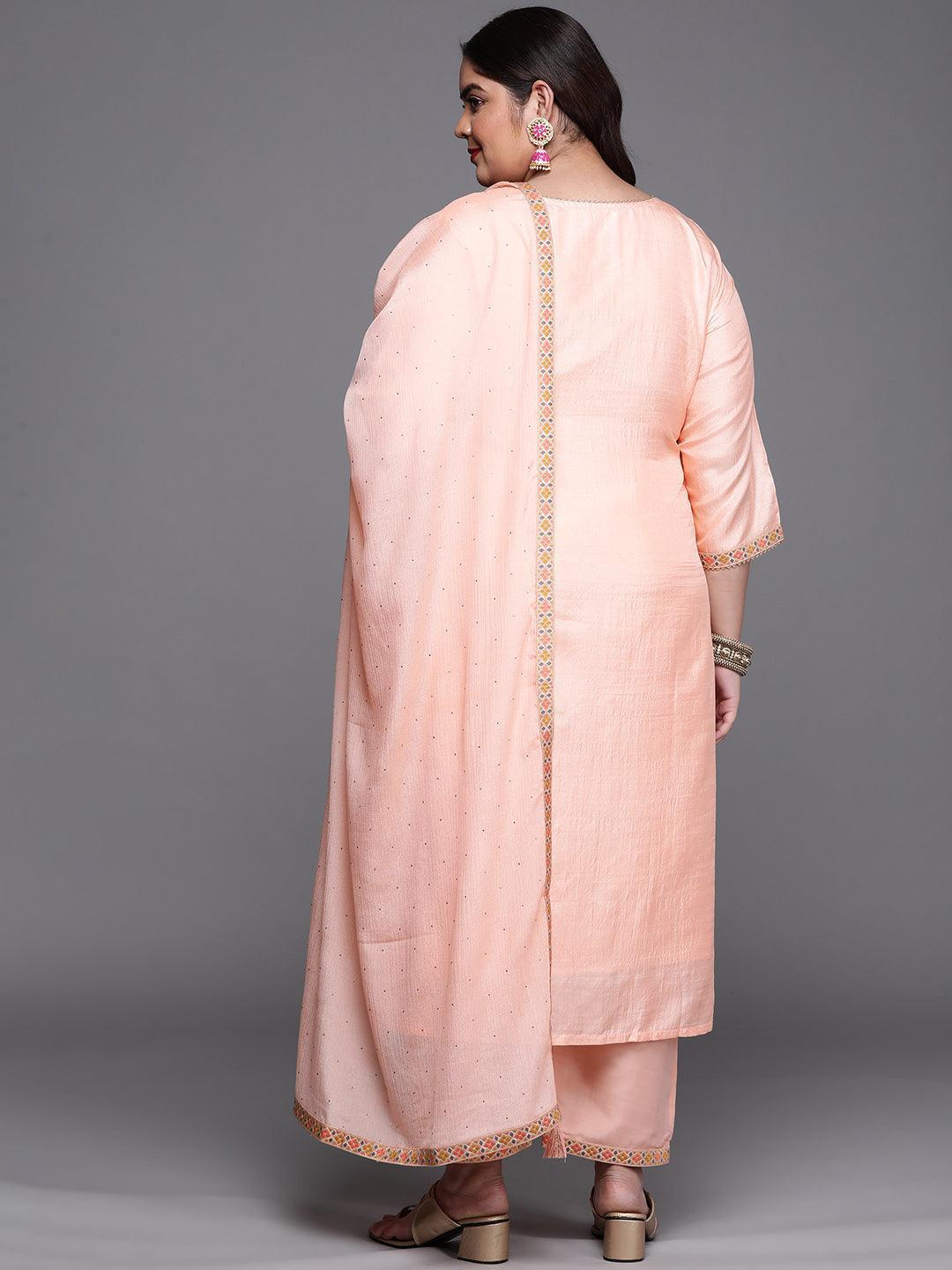 Plus Size Peach Woven Design Silk Blend Suit Set - ShopLibas