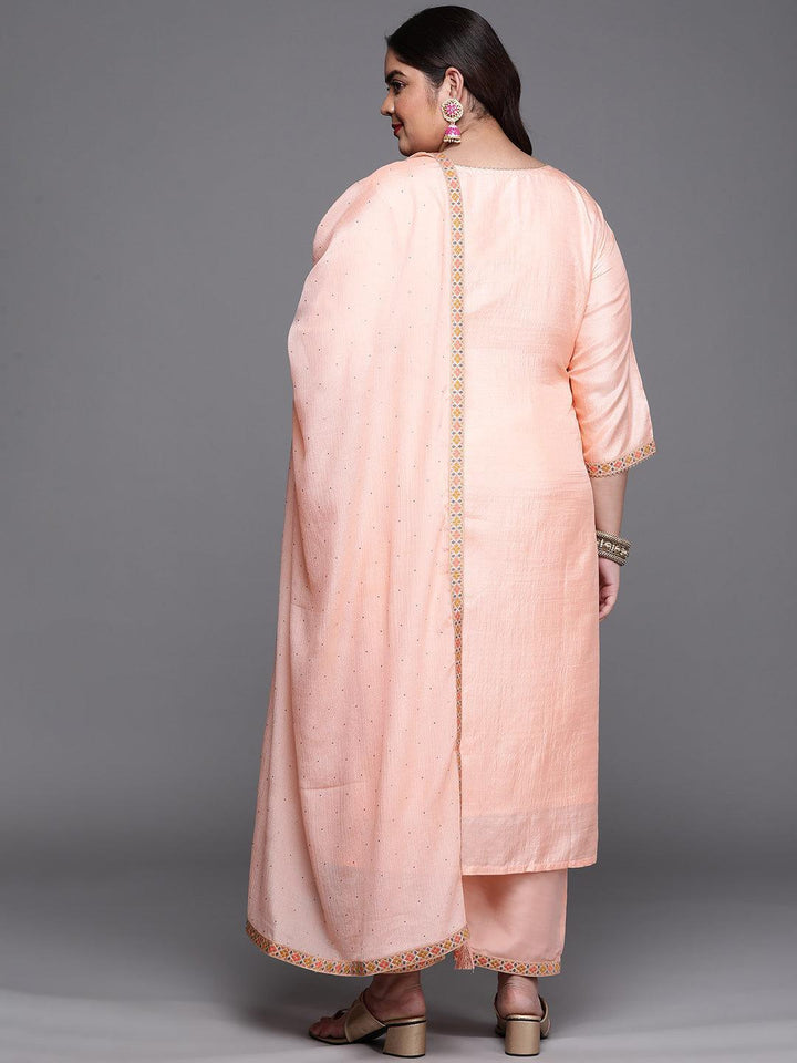 Plus Size Peach Woven Design Silk Blend Suit Set - ShopLibas