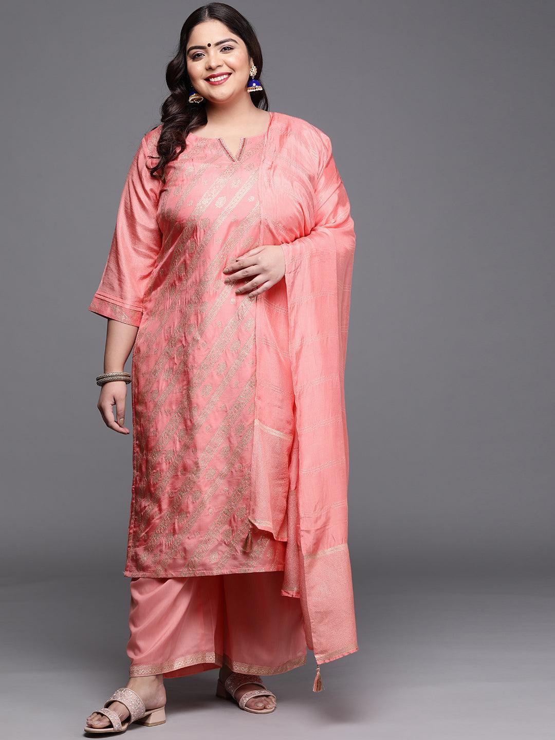 Plus Size Peach Woven Design Silk Blend Suit Set - ShopLibas