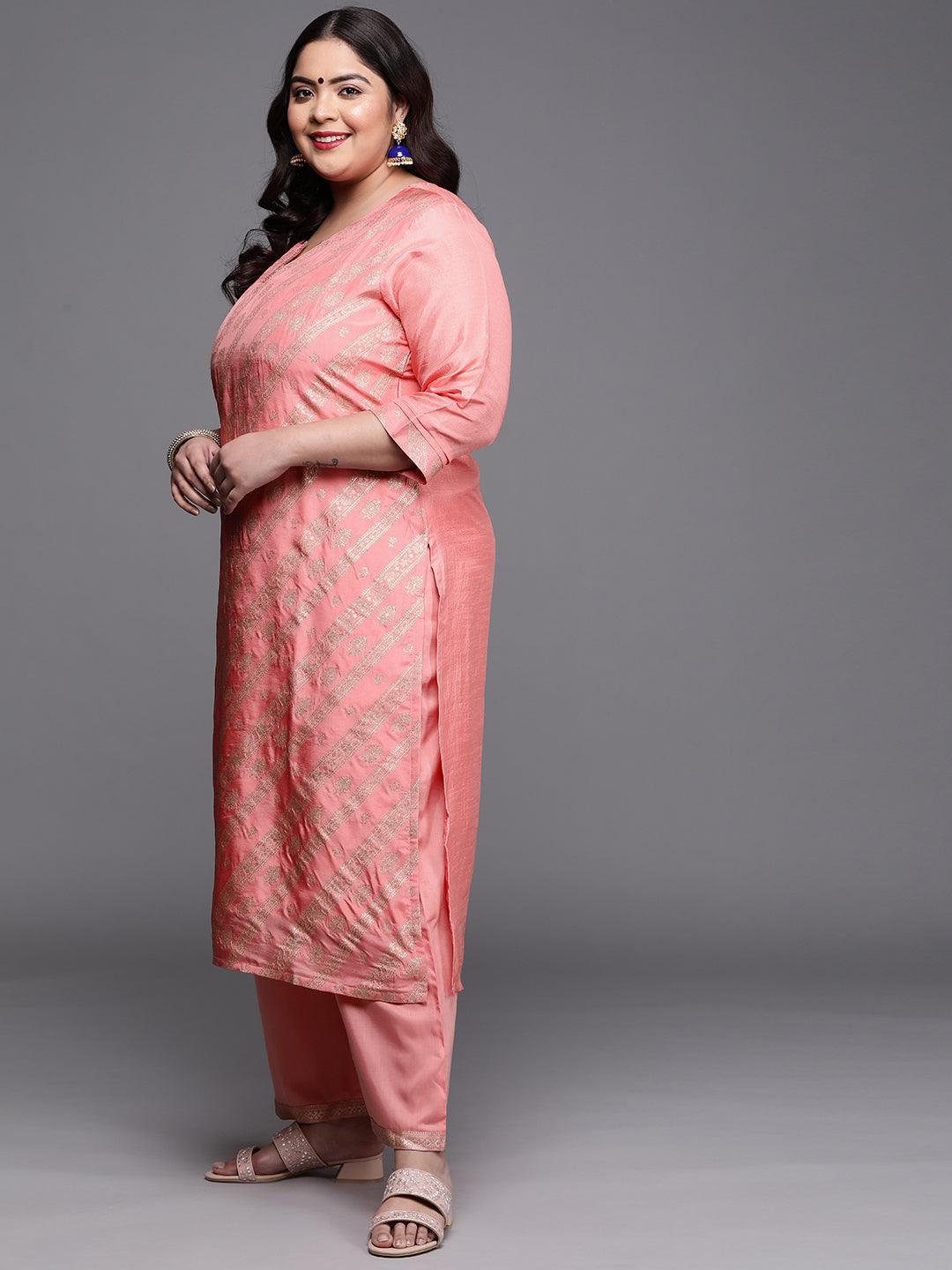 Plus Size Peach Woven Design Silk Blend Suit Set - ShopLibas 