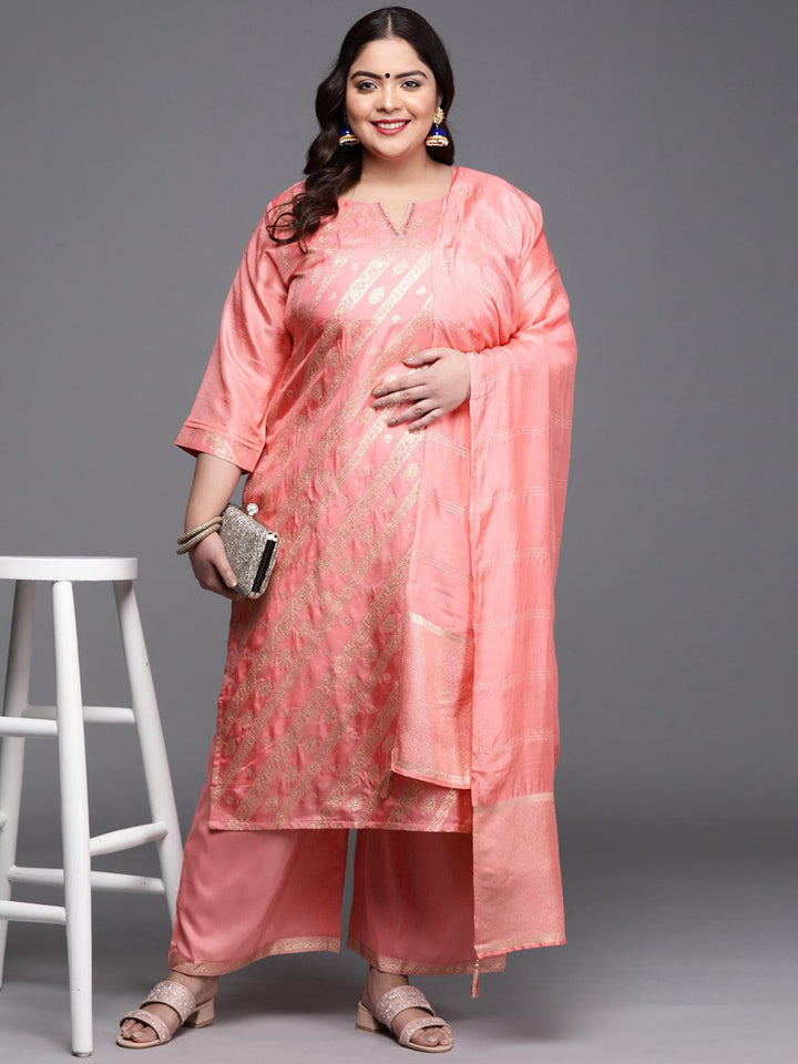Plus Size Peach Woven Design Silk Blend Suit Set