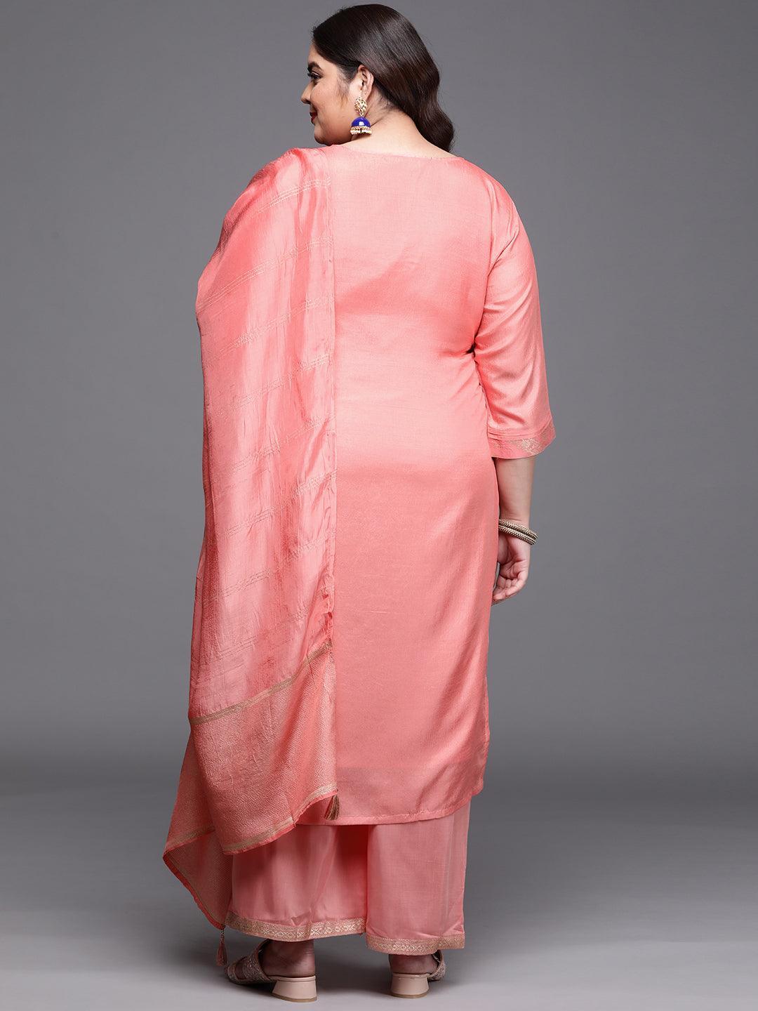 Plus Size Peach Woven Design Silk Blend Suit Set - ShopLibas 