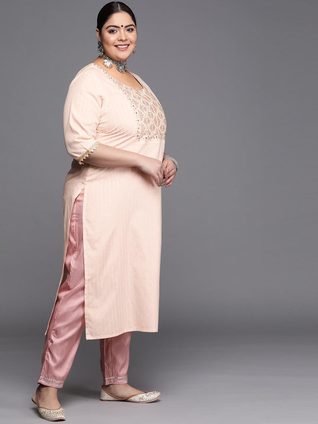 Plus Size Peach Yoke Design Cotton Silk Kurta - ShopLibas