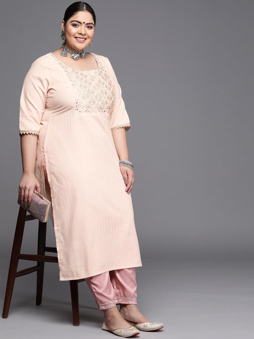 Plus Size Peach Yoke Design Cotton Silk Kurta - ShopLibas
