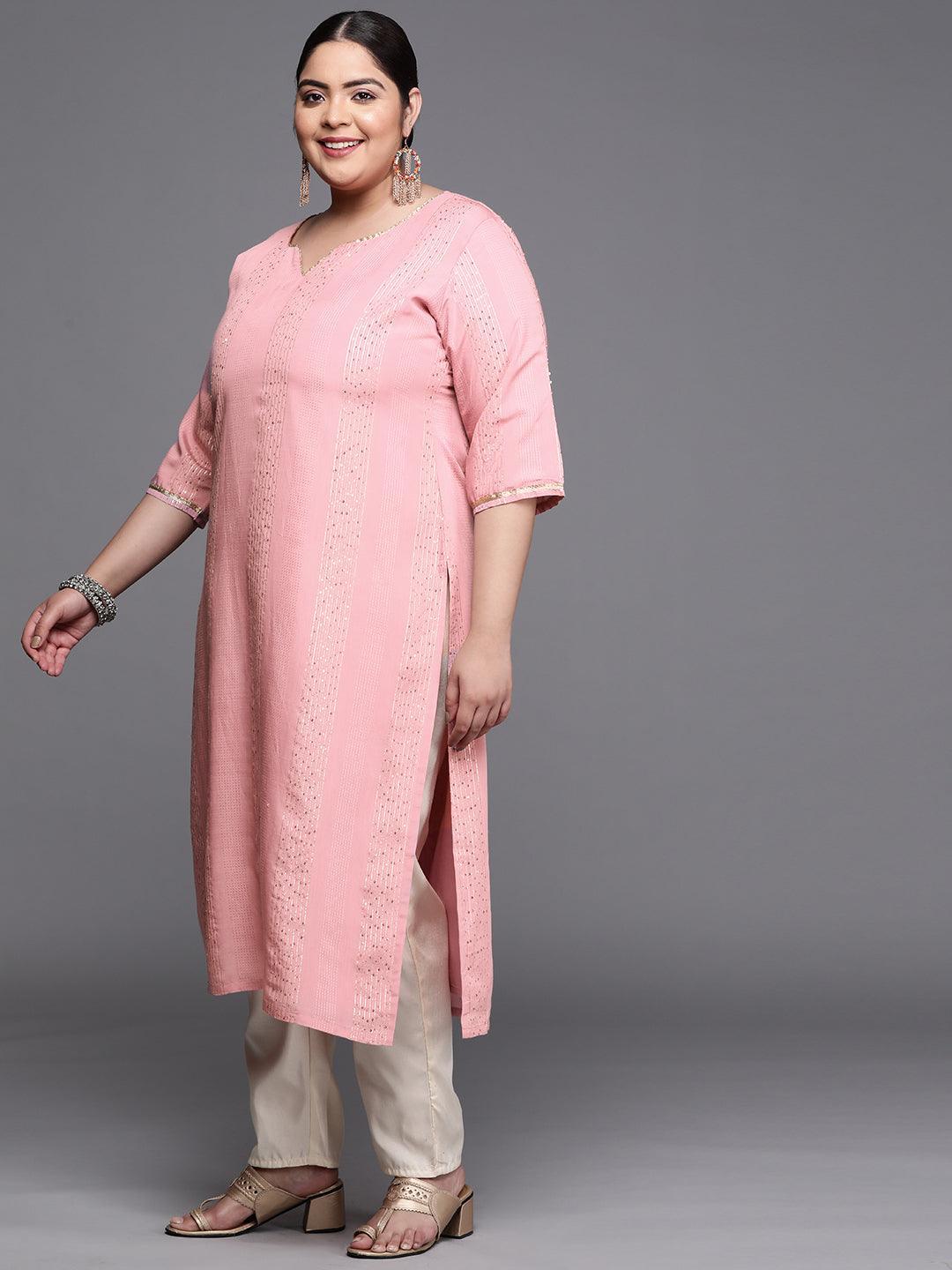 Plus Size Pink Embellished Chanderi Silk Kurta - ShopLibas 