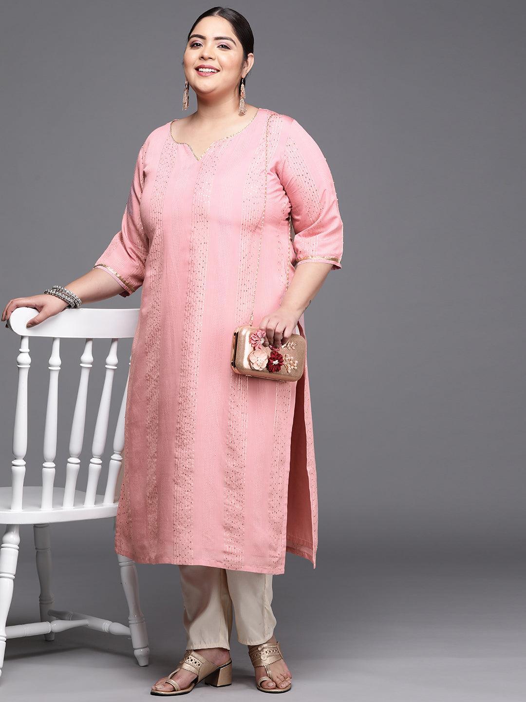Plus Size Pink Embellished Chanderi Silk Kurta - ShopLibas 