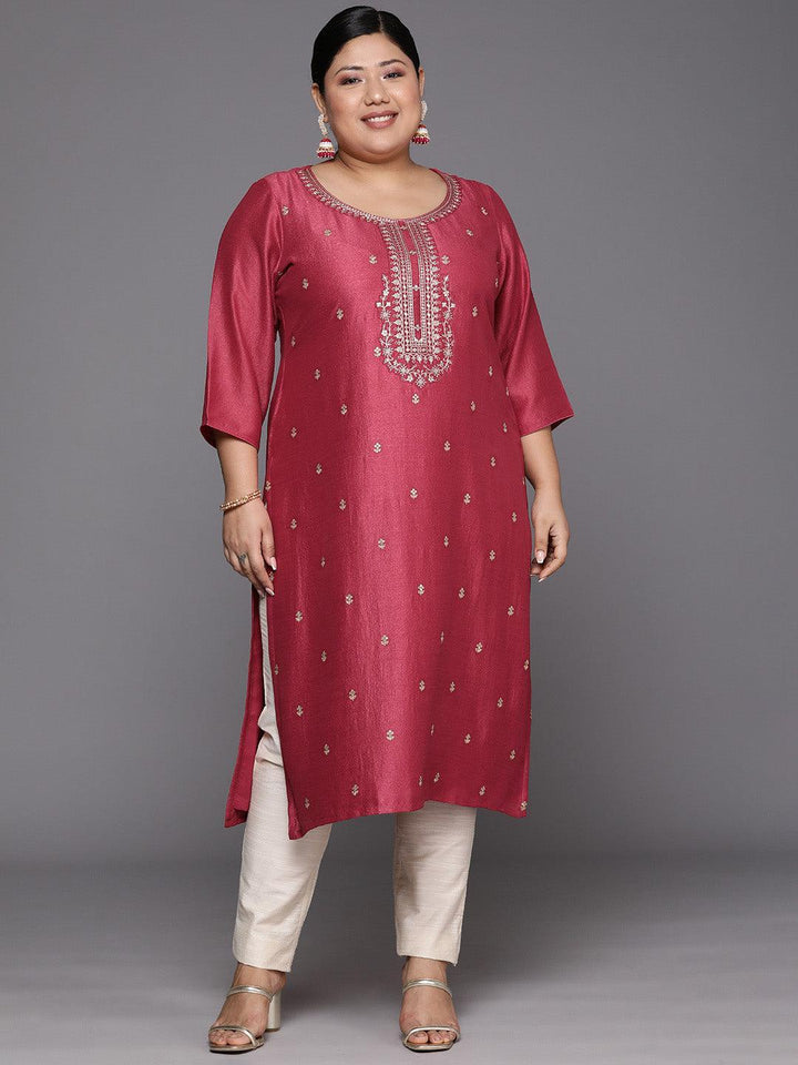 Plus Size Pink Embroidered Silk Straight Kurta