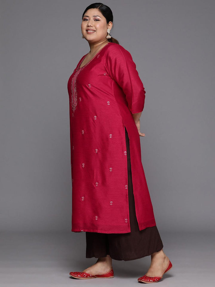 Plus Size Pink Embroidered Silk Straight Kurta