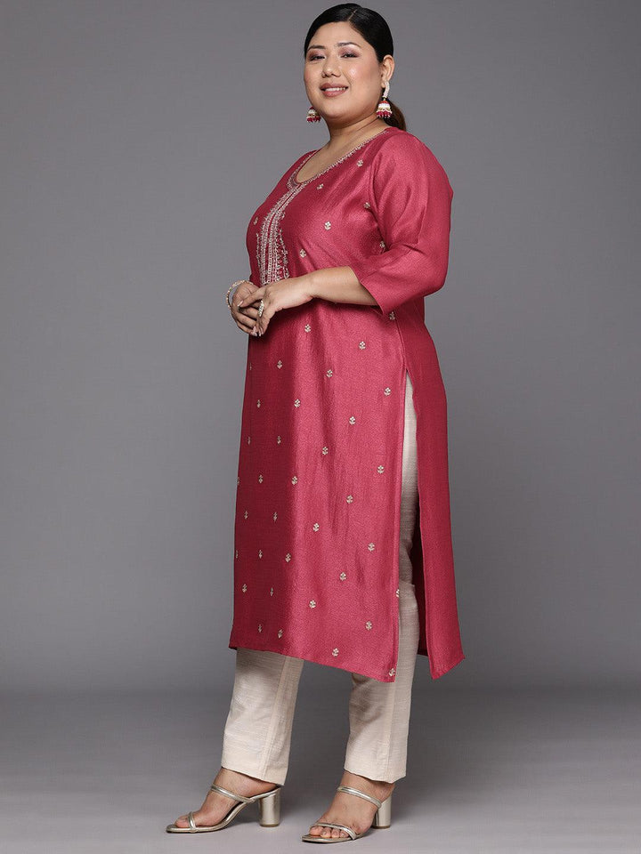 Plus Size Pink Embroidered Silk Straight Kurta