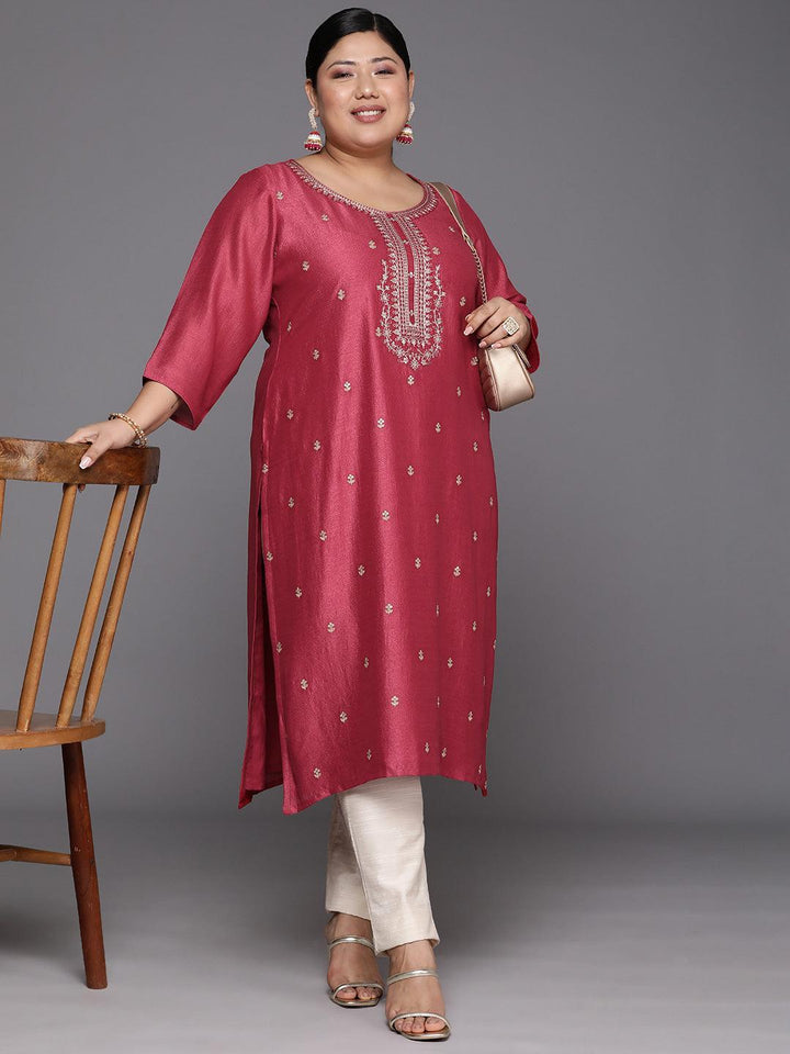 Plus Size Pink Embroidered Silk Straight Kurta