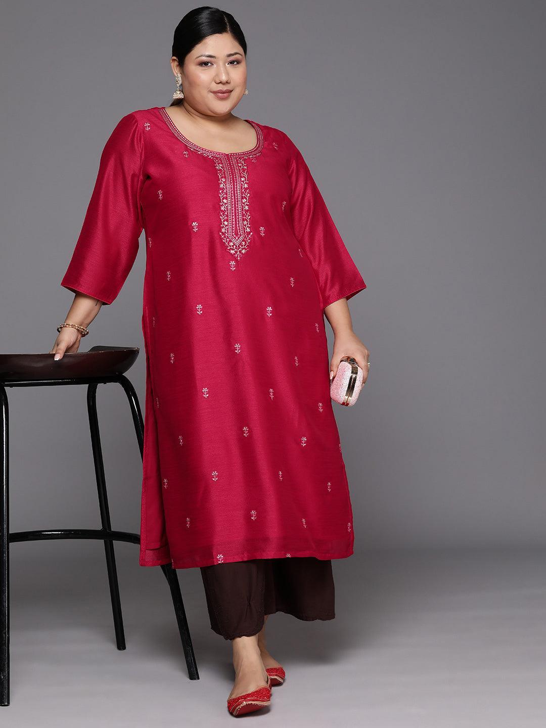 Plus Size Pink Embroidered Silk Straight Kurta - Libas 