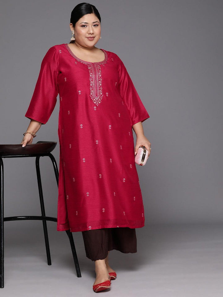 Plus Size Pink Embroidered Silk Straight Kurta