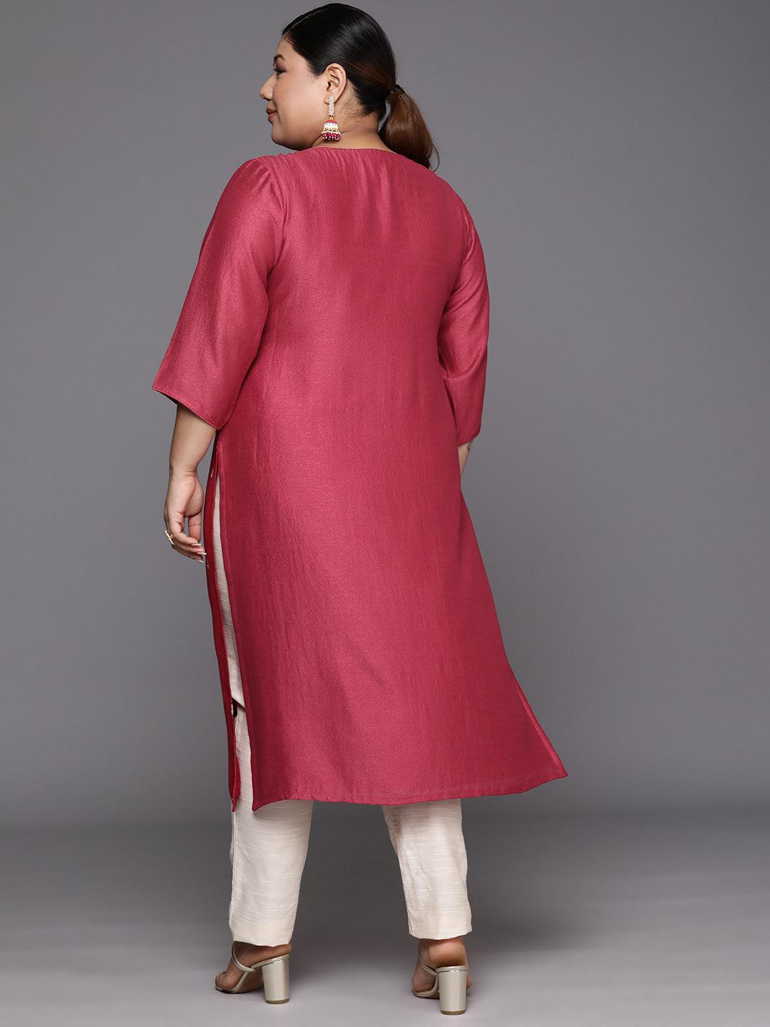 Plus Size Pink Embroidered Silk Straight Kurta - Libas 
