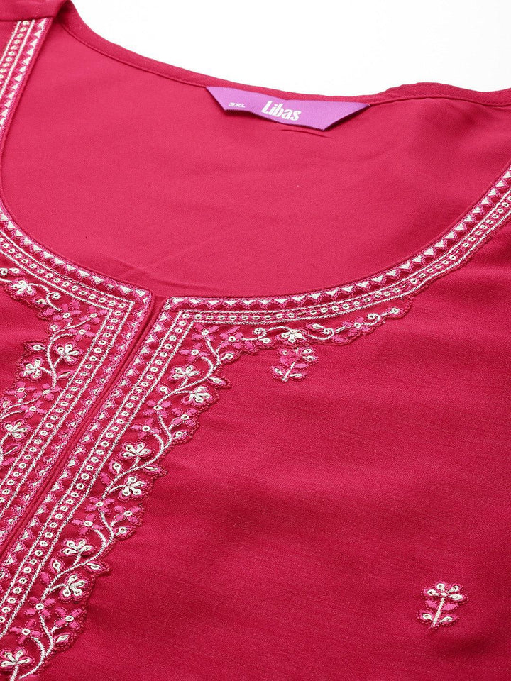 Plus Size Pink Embroidered Silk Straight Kurta
