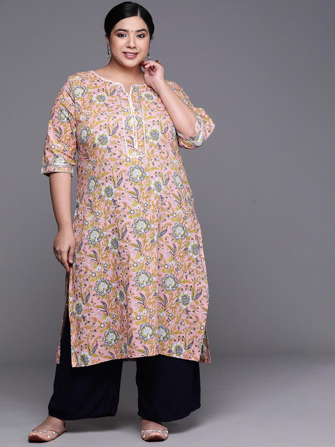 Plus Size Pink Printed Cotton Kurta - ShopLibas