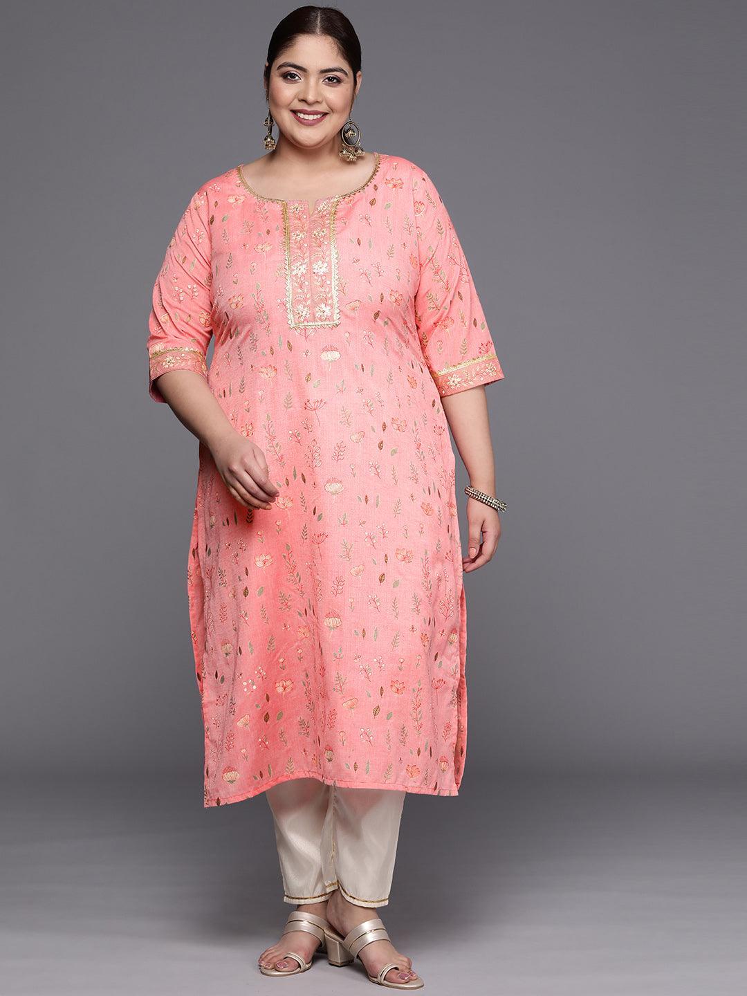 Plus Size Pink Printed Cotton Silk Straight Kurta - ShopLibas