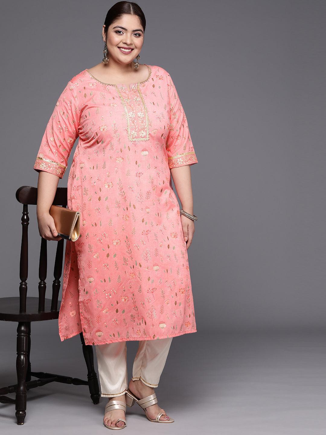 Plus Size Pink Printed Cotton Silk Straight Kurta - ShopLibas 