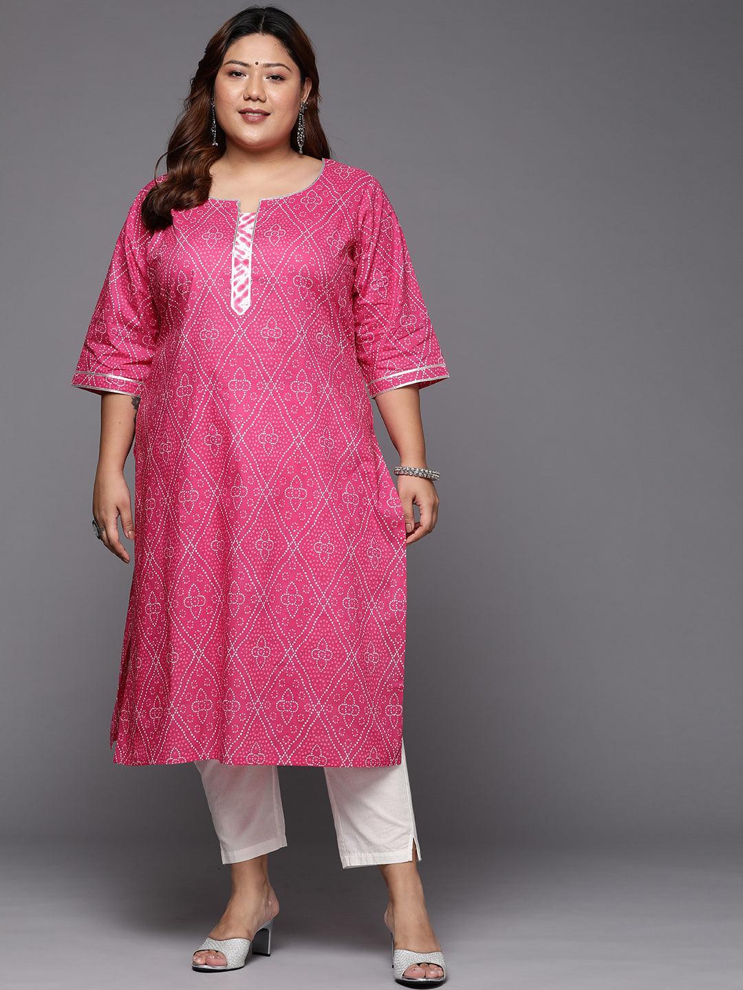 Plus Size Pink Printed Cotton Straight Kurta - ShopLibas
