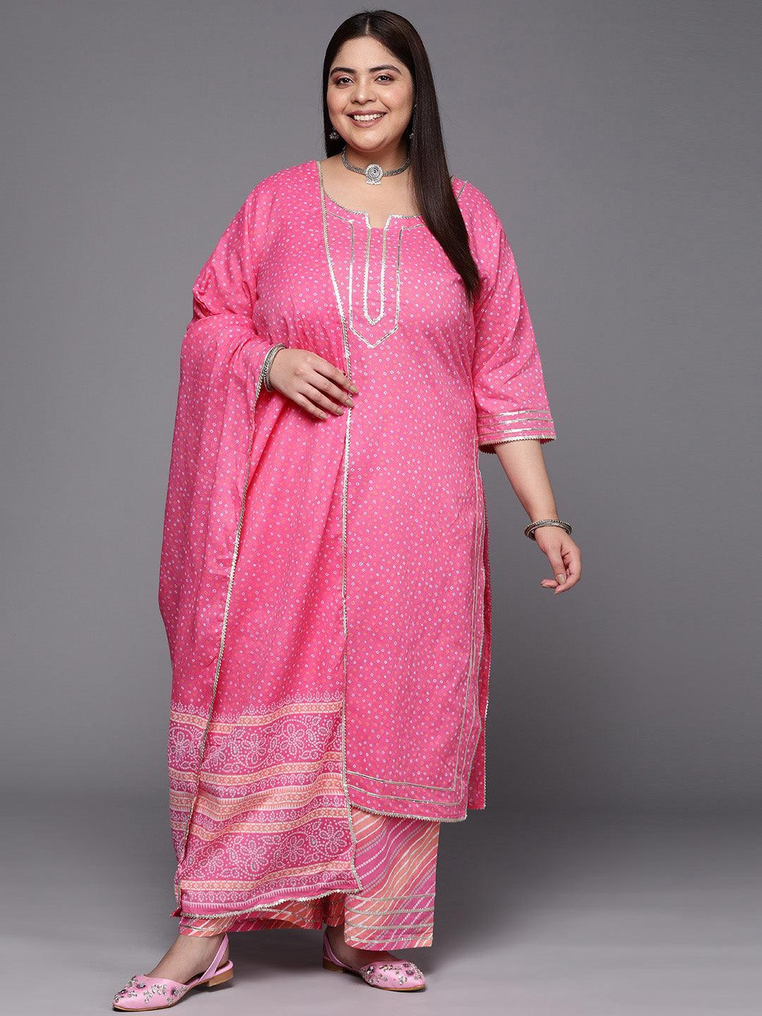 Plus Size Pink Printed Cotton Suit Set With Palazzos - ShopLibas