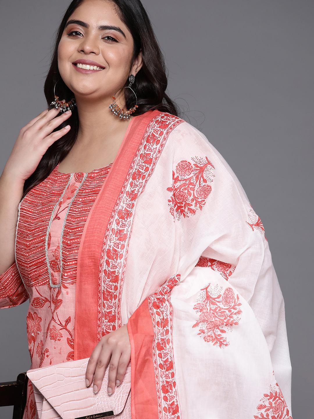 Plus Size Pink Printed Cotton Suit Set - ShopLibas 