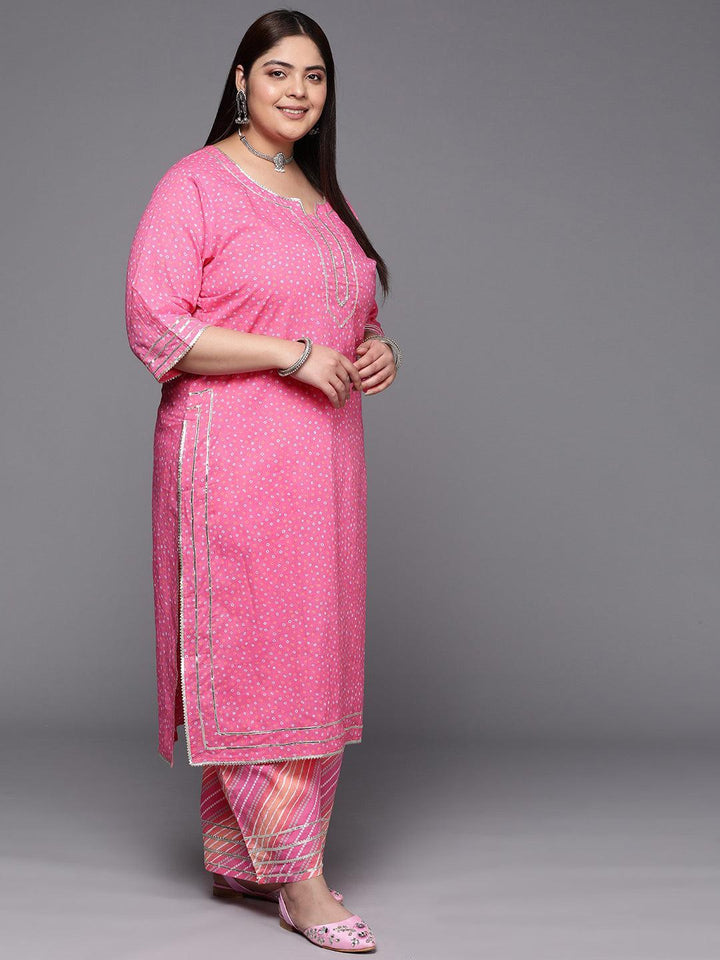 Plus Size Pink Printed Cotton Suit Set With Palazzos