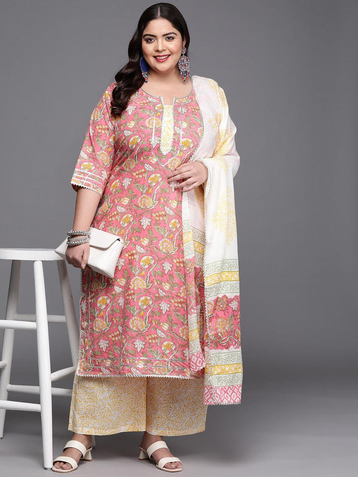 Plus Size Pink Printed Cotton Suit Set - ShopLibas