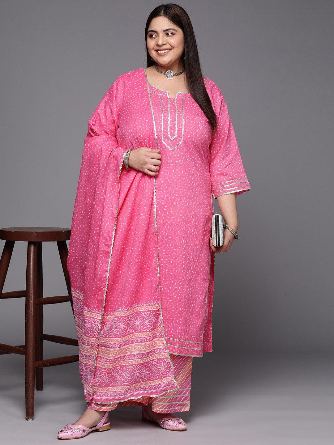 Plus Size Pink Printed Cotton Suit Set With Palazzos - ShopLibas 