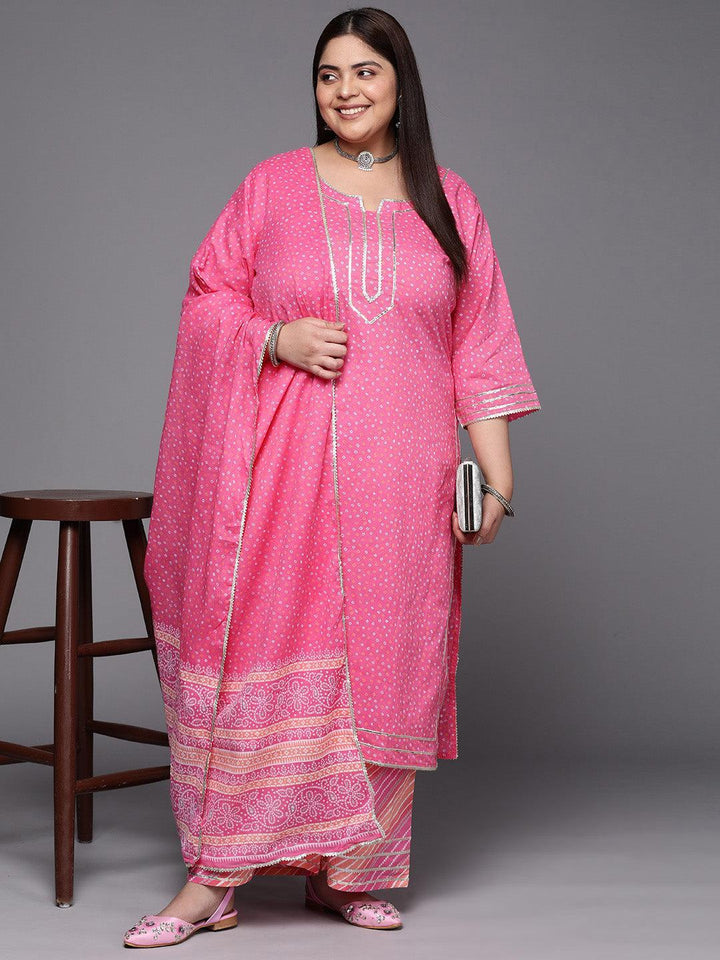 Plus Size Pink Printed Cotton Suit Set With Palazzos