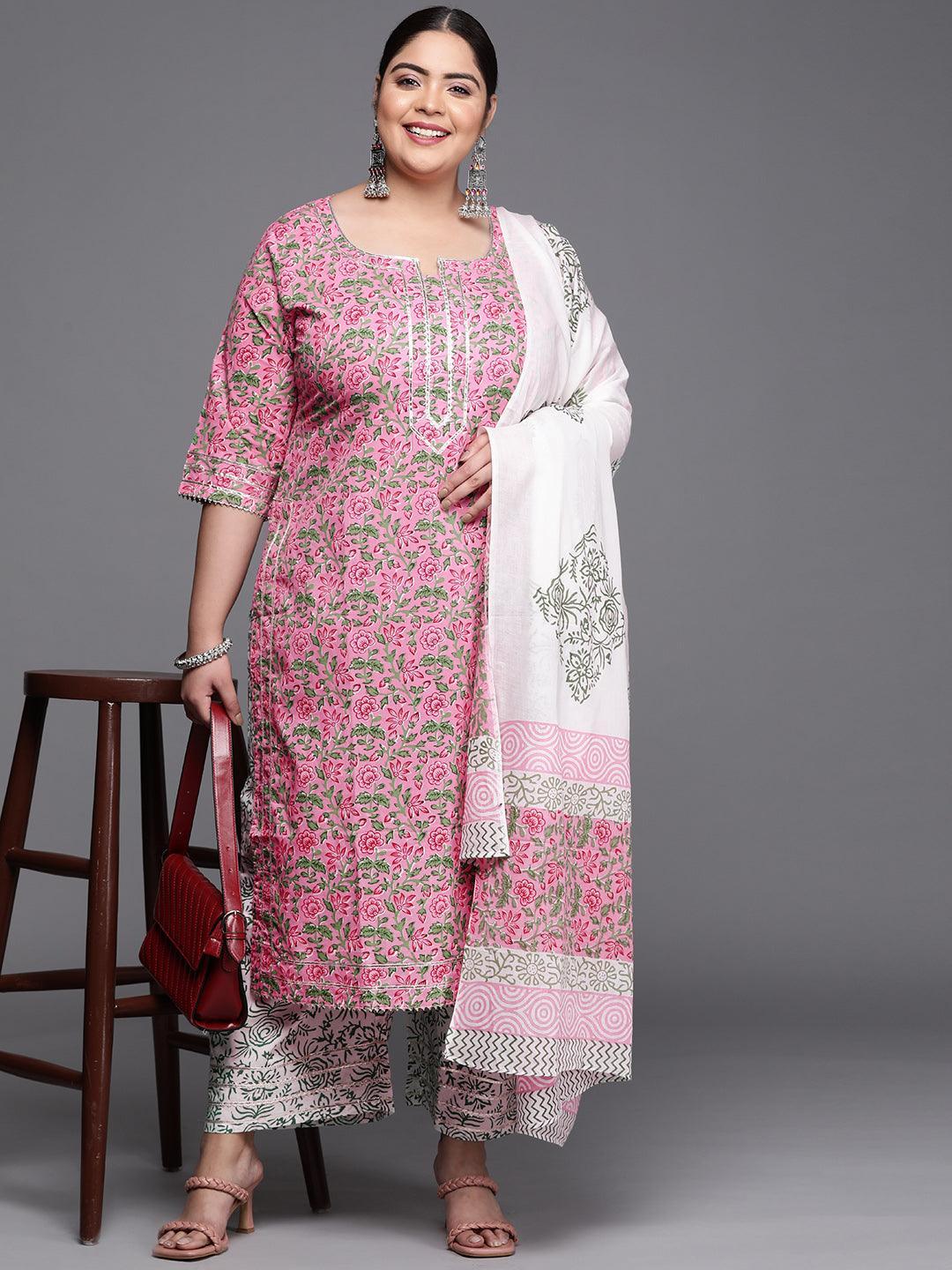 Plus Size Pink Printed Cotton Suit Set - ShopLibas