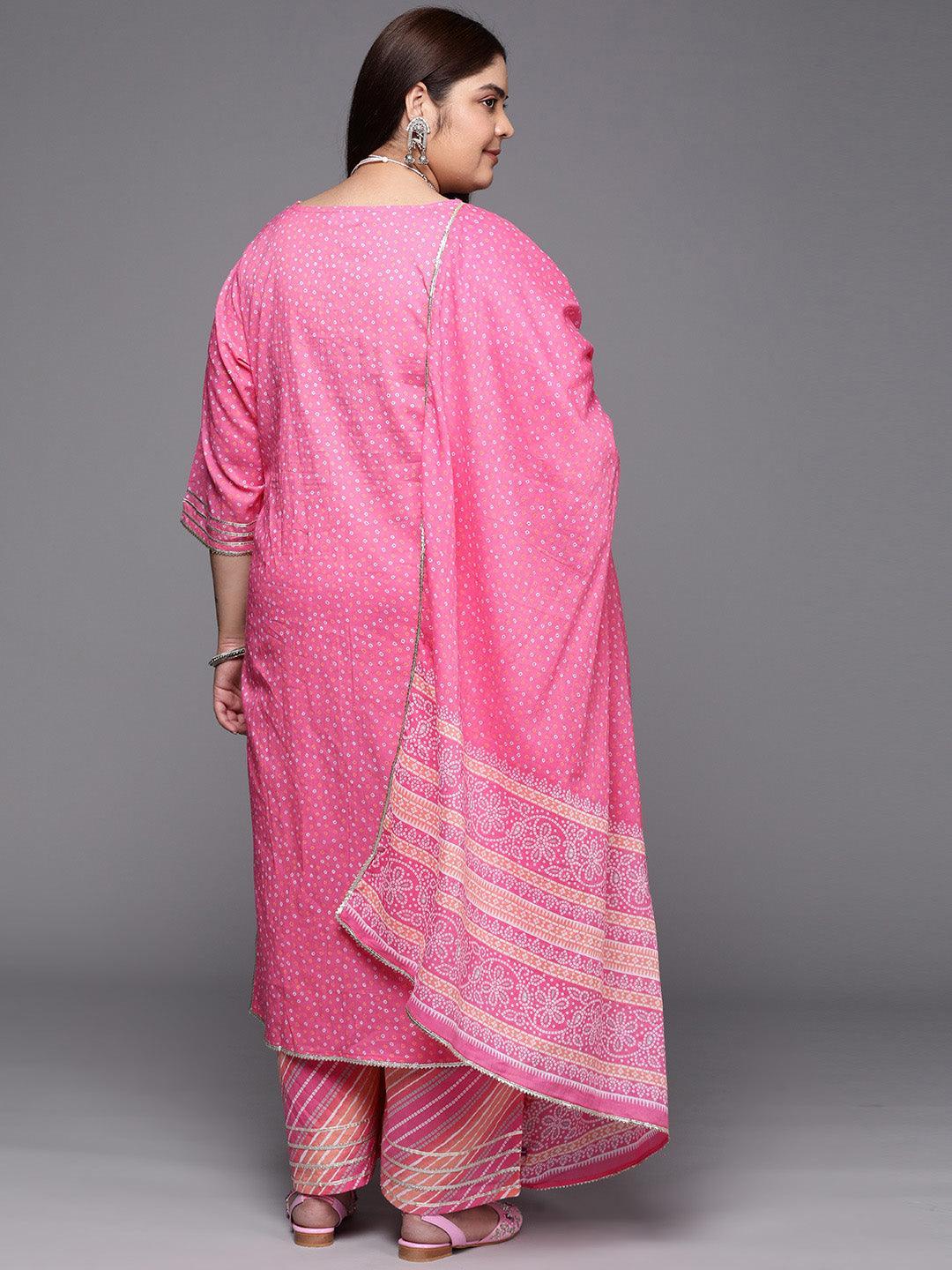 Plus Size Pink Printed Cotton Suit Set With Palazzos - ShopLibas 