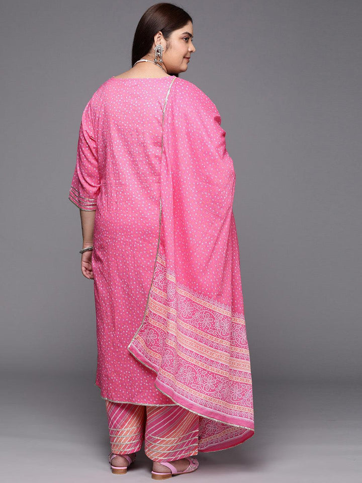 Plus Size Pink Printed Cotton Suit Set With Palazzos
