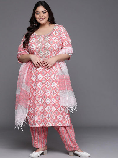 Plus Size Pink Printed Cotton Suit Set - ShopLibas
