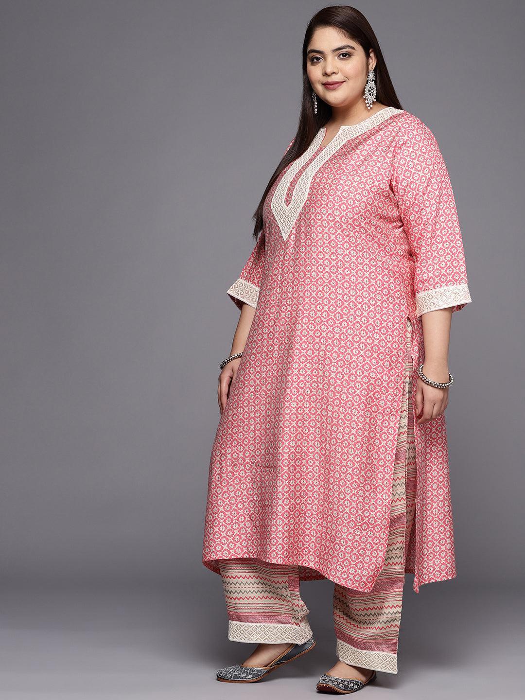 Plus Size Pink Printed Silk Blend Straight Suit Set - ShopLibas 