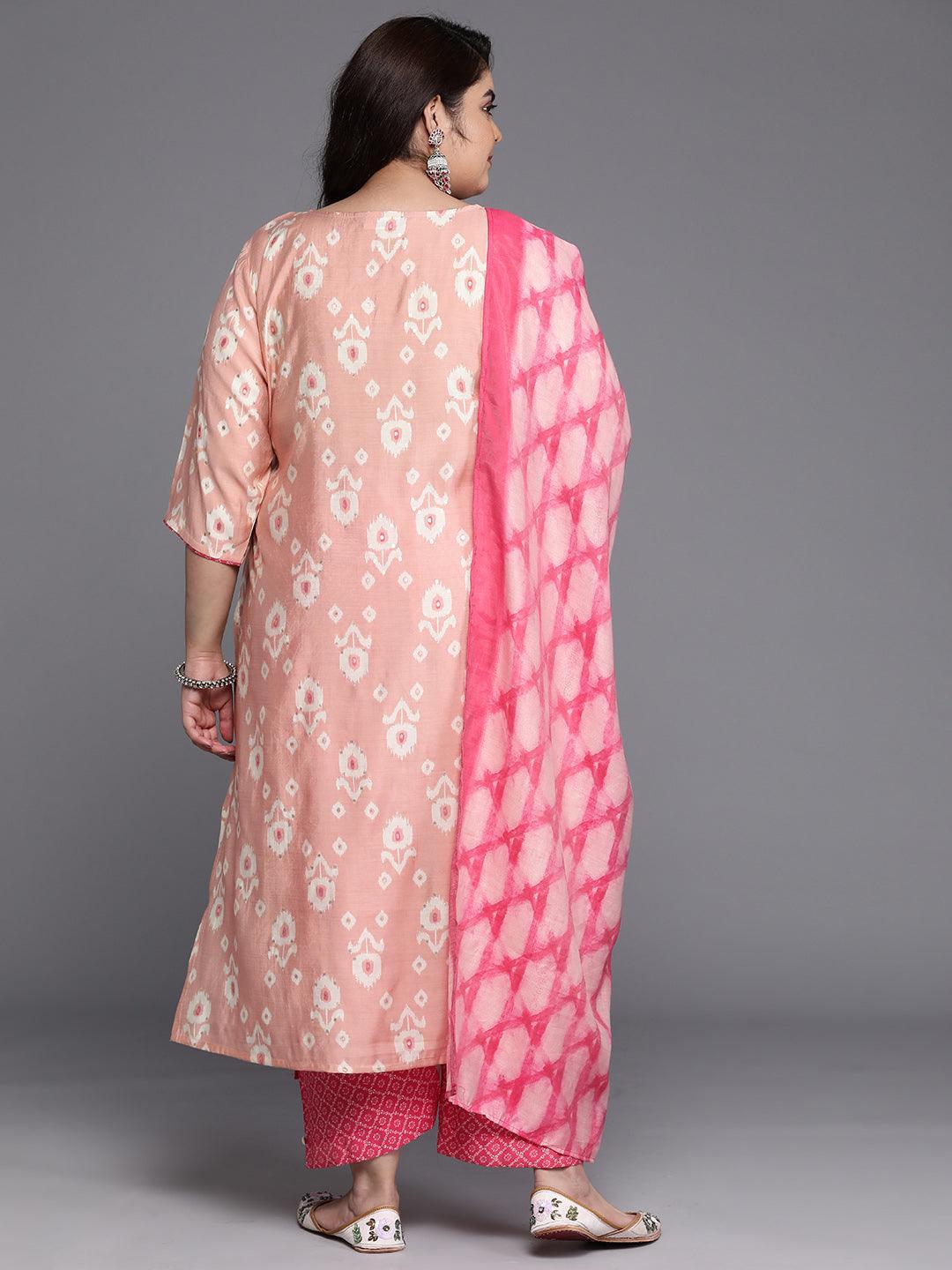 Plus Size Pink Printed Silk Blend Straight Suit Set - Libas 