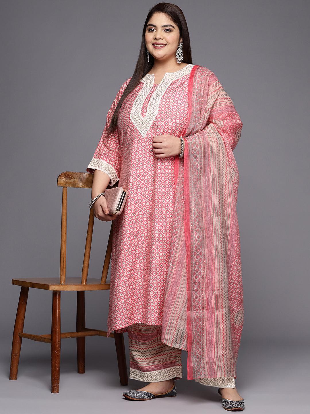 Plus Size Pink Printed Silk Blend Straight Suit Set - ShopLibas 
