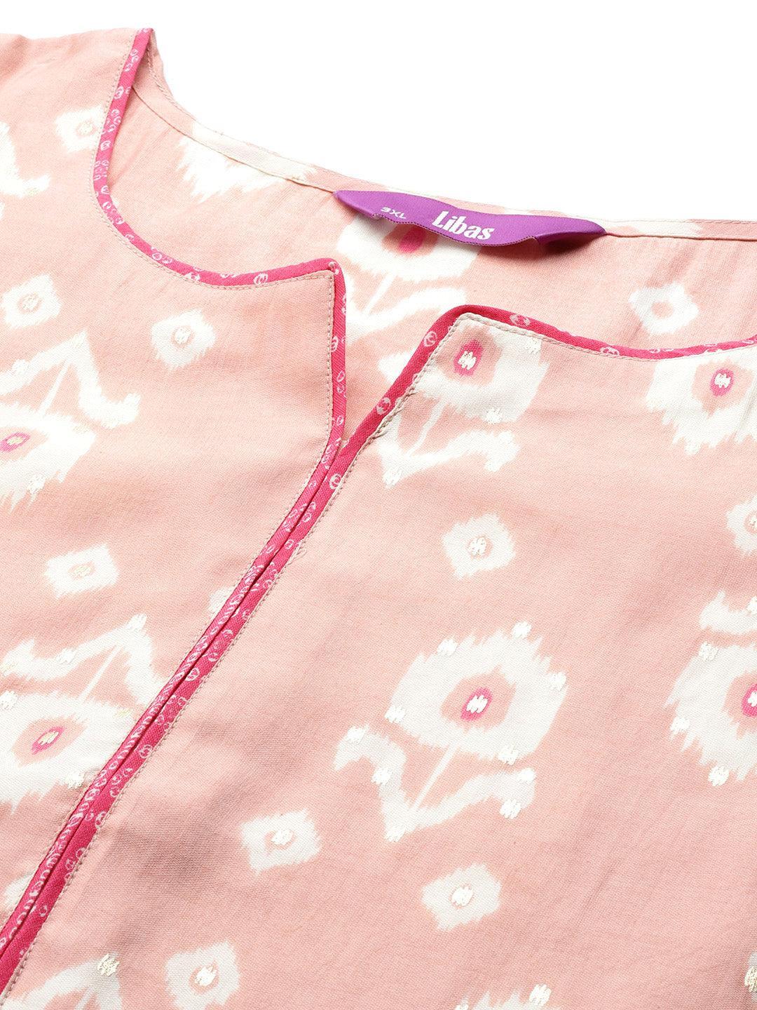Plus Size Pink Printed Silk Blend Straight Suit Set - Libas 