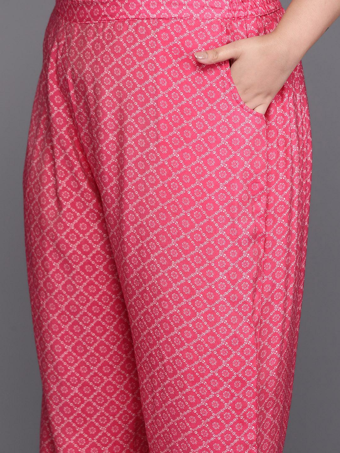 Plus Size Pink Printed Silk Blend Straight Suit Set - Libas 